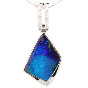 White Gold Blue Green Purple Boulder Opal and Diamond Pendant