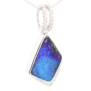 White Gold Blue Green Purple Boulder Opal and Diamond Pendant