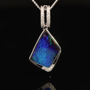 White Gold Blue Green Purple Boulder Opal and Diamond Pendant