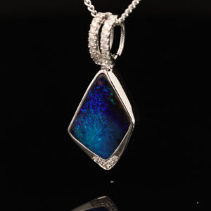 White Gold Blue Green Purple Boulder Opal and Diamond Pendant
