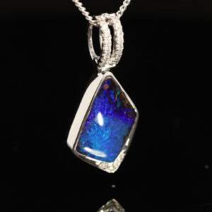 White Gold Blue Green Purple Boulder Opal and Diamond Pendant