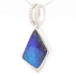 White Gold Blue Green Purple Boulder Opal and Diamond Pendant