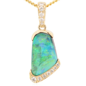 Yellow Gold Blue Green Yellow Boulder Opal and Diamond Pendant