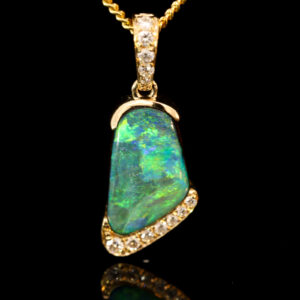 Yellow Gold Blue Green Yellow Boulder Opal and Diamond Pendant