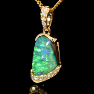 Yellow Gold Blue Green Yellow Boulder Opal and Diamond Pendant