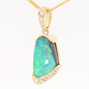 Yellow Gold Blue Green Yellow Boulder Opal and Diamond Pendant