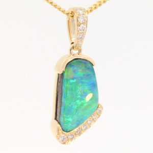 Yellow Gold Blue Green Yellow Boulder Opal and Diamond Pendant