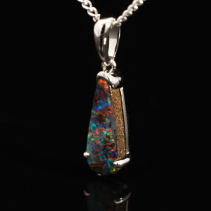 White Gold Blue Green Red Boulder Opal Pendant