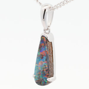 White Gold Blue Green Red Boulder Opal Pendant