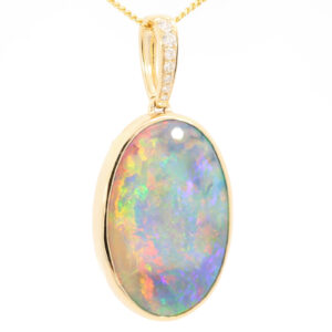 Yellow Gold Blue Green Yellow Orange Red Pink Purple Black Opal and Diamond Pendant