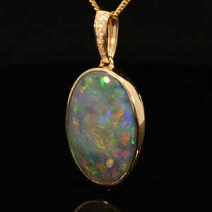 Yellow Gold Blue Green Yellow Orange Red Pink Purple Black Opal and Diamond Pendant