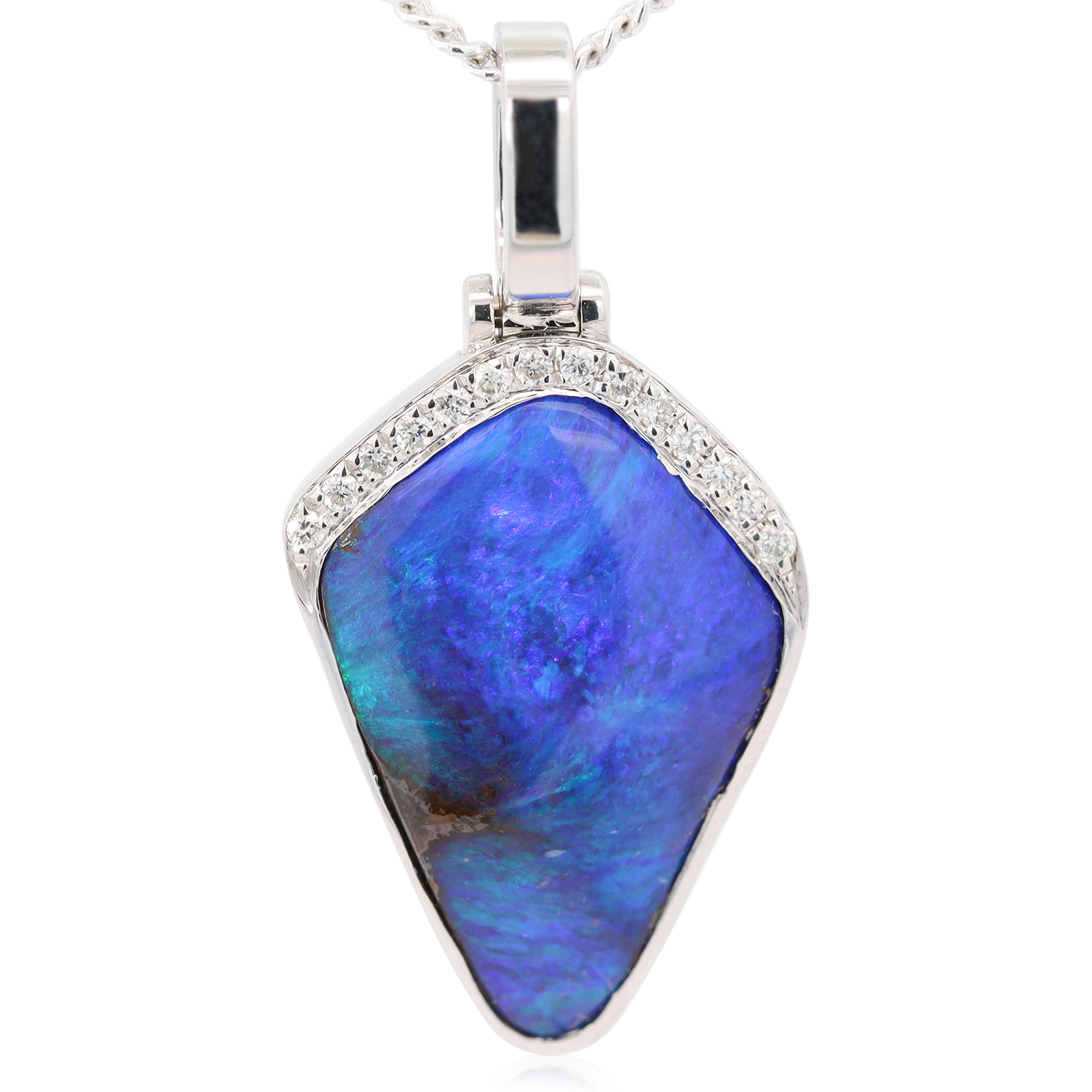 White Gold Blue Green Purple Boulder Opal and Diamond Pendant