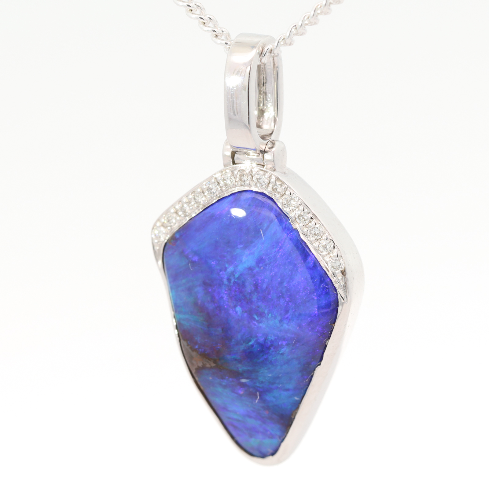 White Gold Blue Green Purple Boulder Opal and Diamond Pendant