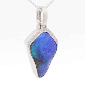 White Gold Blue Green Purple Boulder Opal and Diamond Pendant