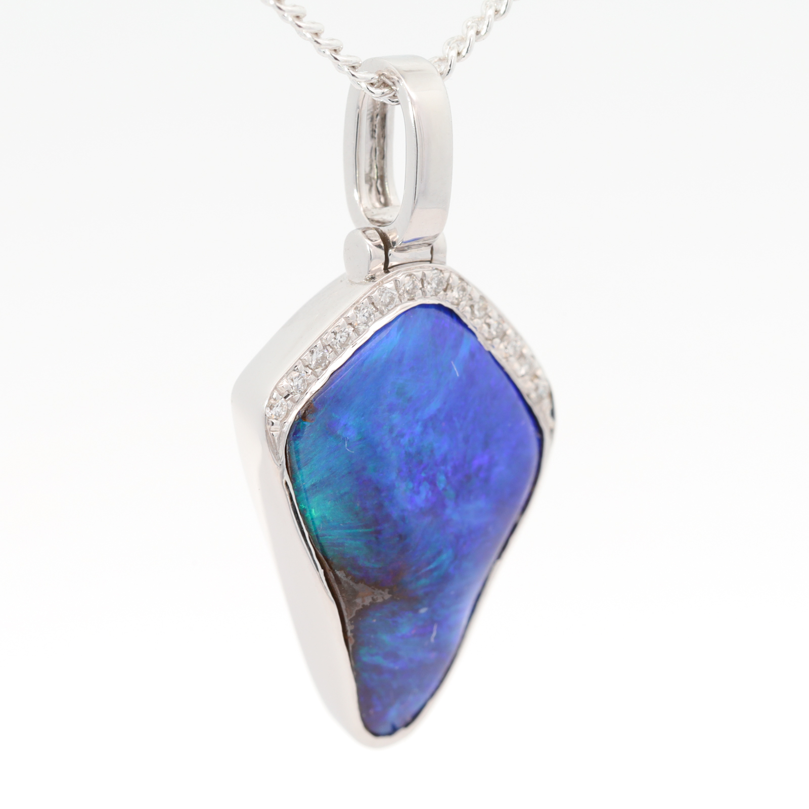 White Gold Blue Green Purple Boulder Opal and Diamond Pendant