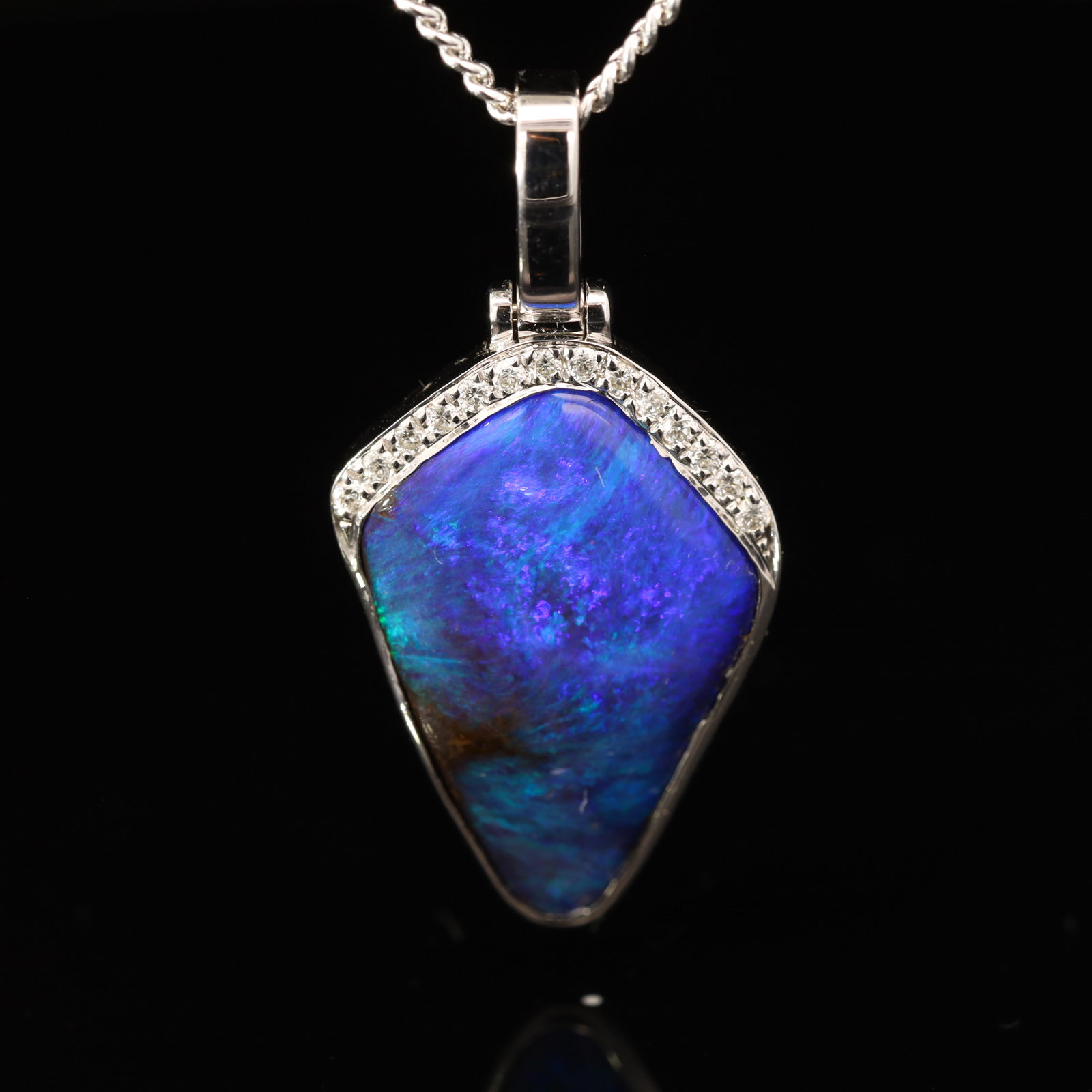 White Gold Blue Green Purple Boulder Opal and Diamond Pendant