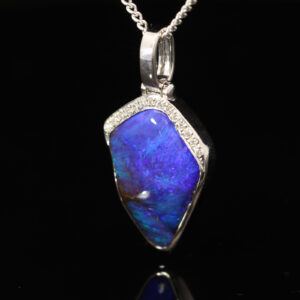 White Gold Blue Green Purple Boulder Opal and Diamond Pendant