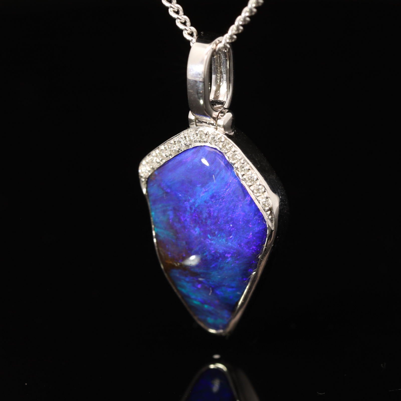 White Gold Blue Green Purple Boulder Opal and Diamond Pendant