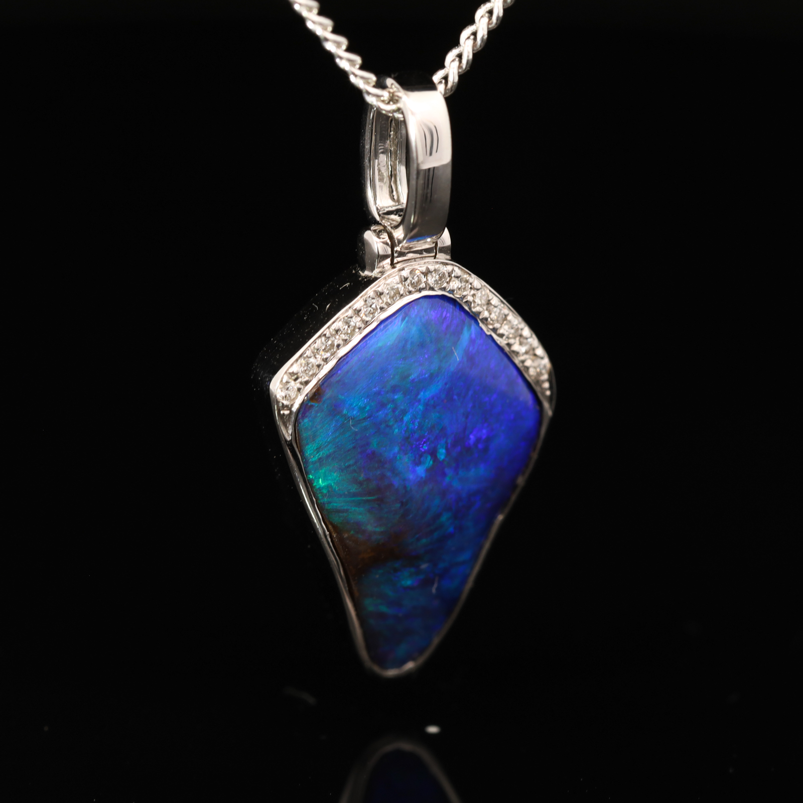 White Gold Blue Green Purple Boulder Opal and Diamond Pendant