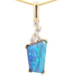 Yellow Gold Blue Green Boulder Opal and Diamond Pendant