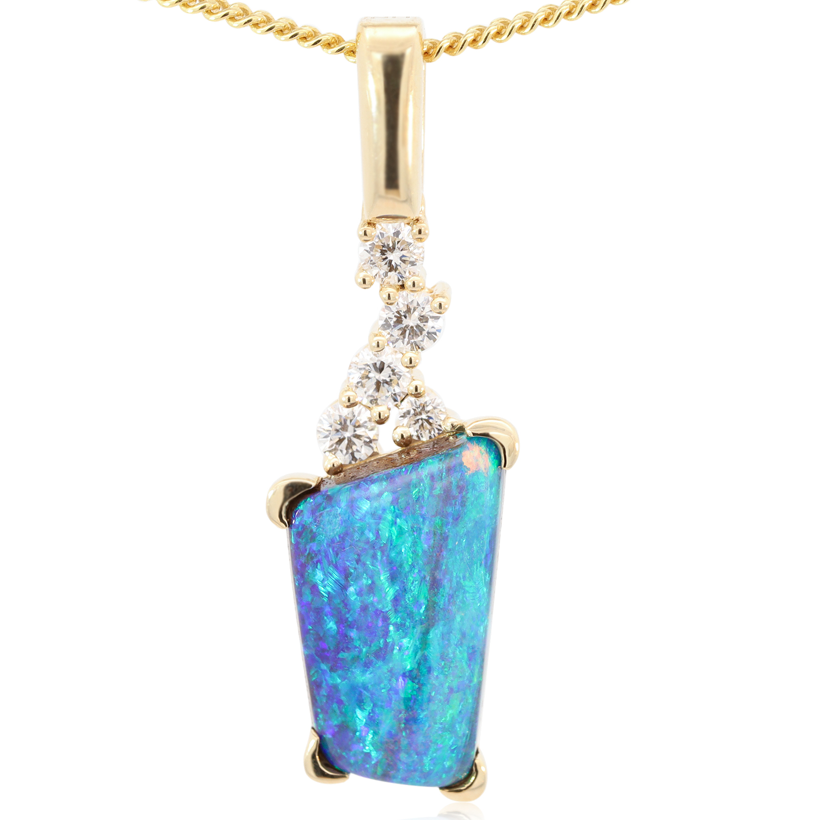 Yellow Gold Blue Green Boulder Opal and Diamond Pendant
