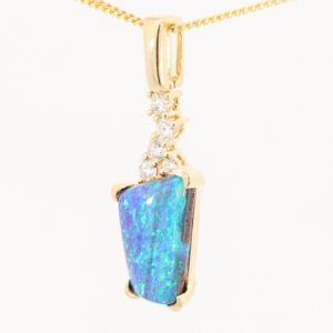 Yellow Gold Blue Green Boulder Opal and Diamond Pendant