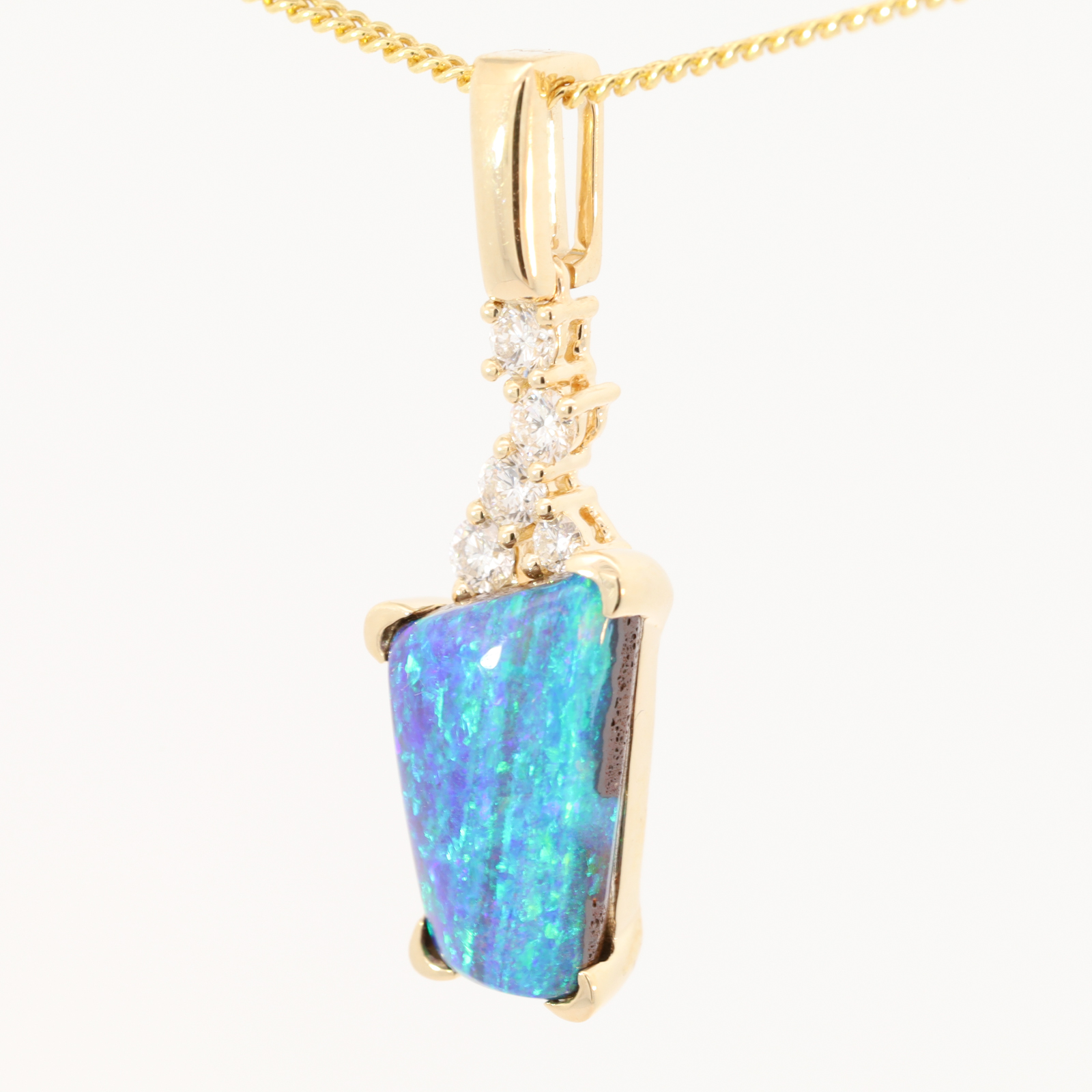 Yellow Gold Blue Green Boulder Opal and Diamond Pendant