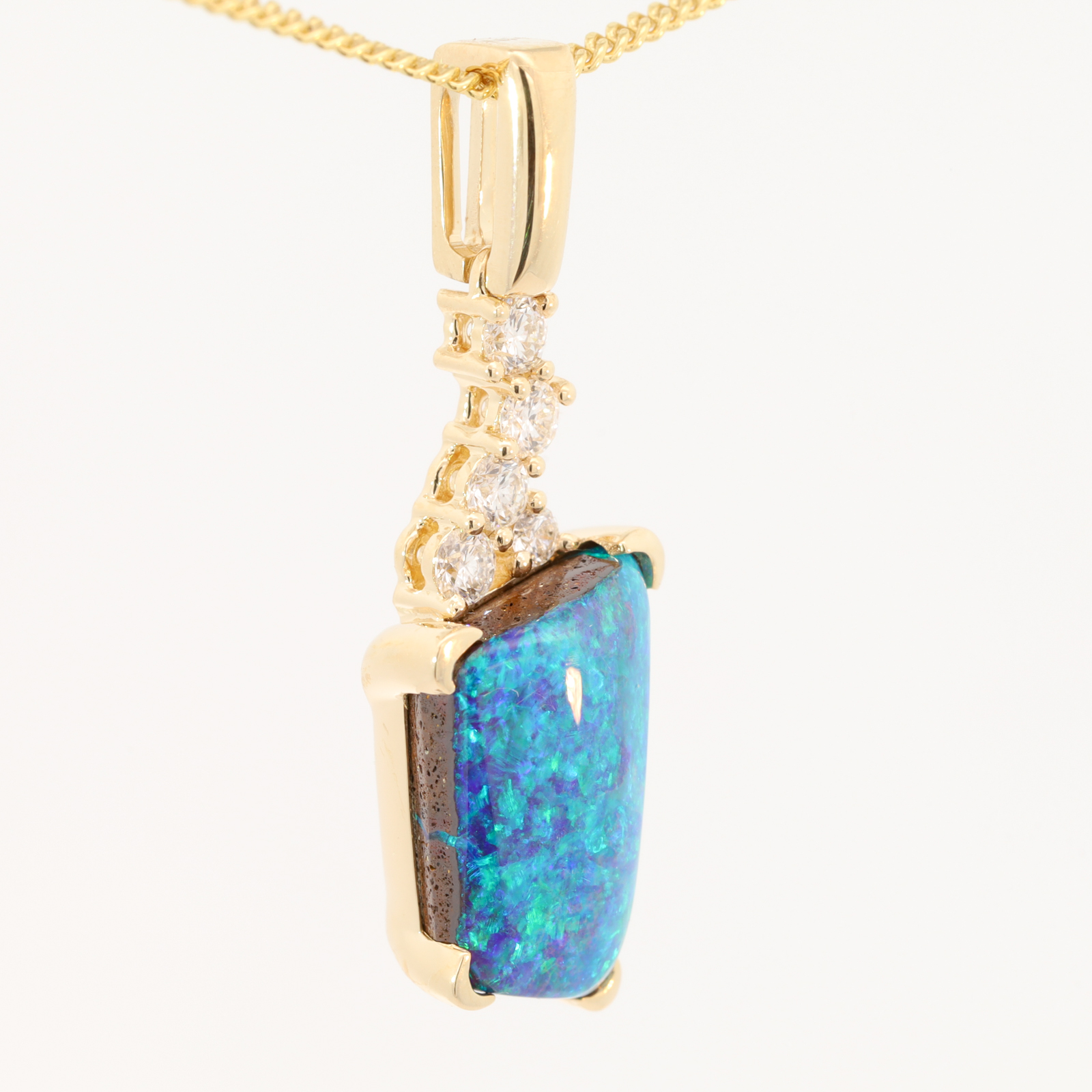 Yellow Gold Blue Green Boulder Opal and Diamond Pendant