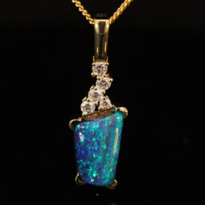 Yellow Gold Blue Green Boulder Opal and Diamond Pendant