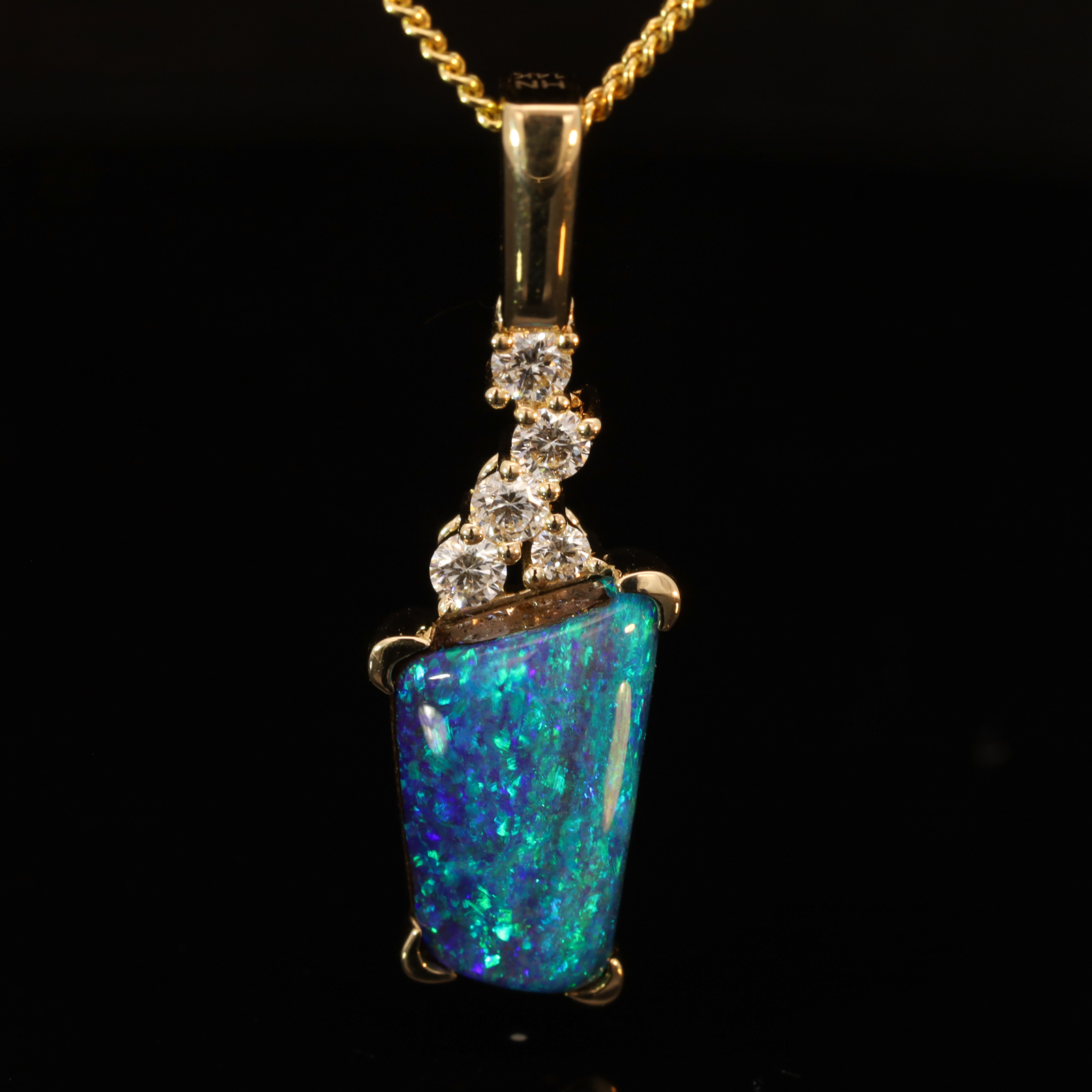 Yellow Gold Blue Green Boulder Opal and Diamond Pendant