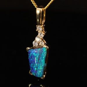 Yellow Gold Blue Green Boulder Opal and Diamond Pendant