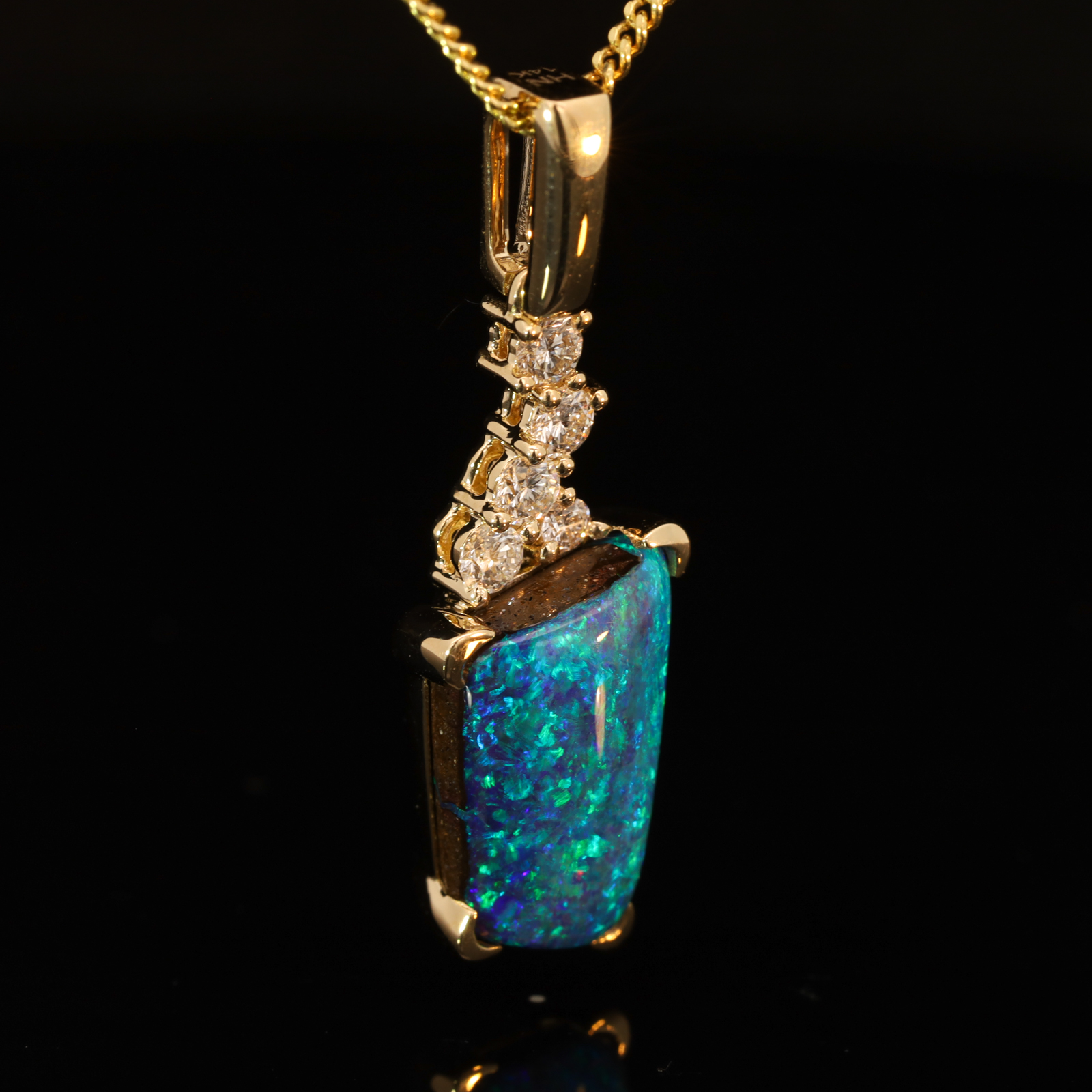 Yellow Gold Blue Green Boulder Opal and Diamond Pendant