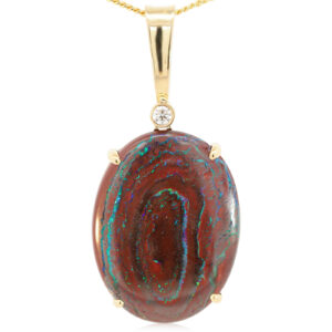 Yellow Gold Blue Green Boulder Opal Matrix and Diamond Pendant