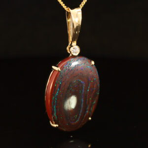 Yellow Gold Blue Green Boulder Opal Matrix and Diamond Pendant