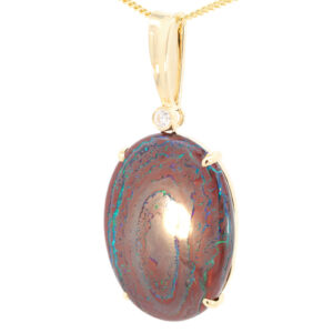 Yellow Gold Blue Green Boulder Opal Matrix and Diamond Pendant