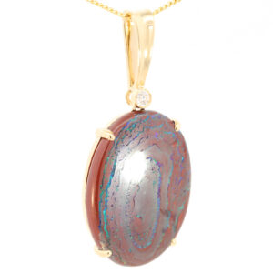 Yellow Gold Blue Green Boulder Opal Matrix and Diamond Pendant