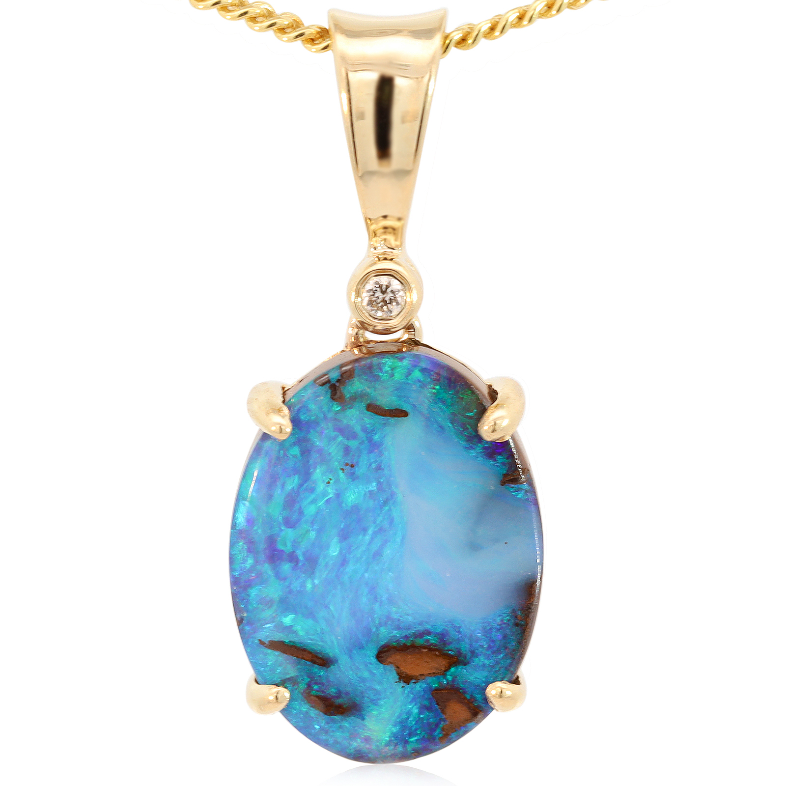 Yellow Gold Blue Green Boulder Opal and Diamond Pendant