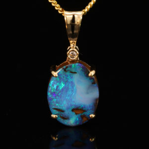 Yellow Gold Blue Green Boulder Opal and Diamond Pendant