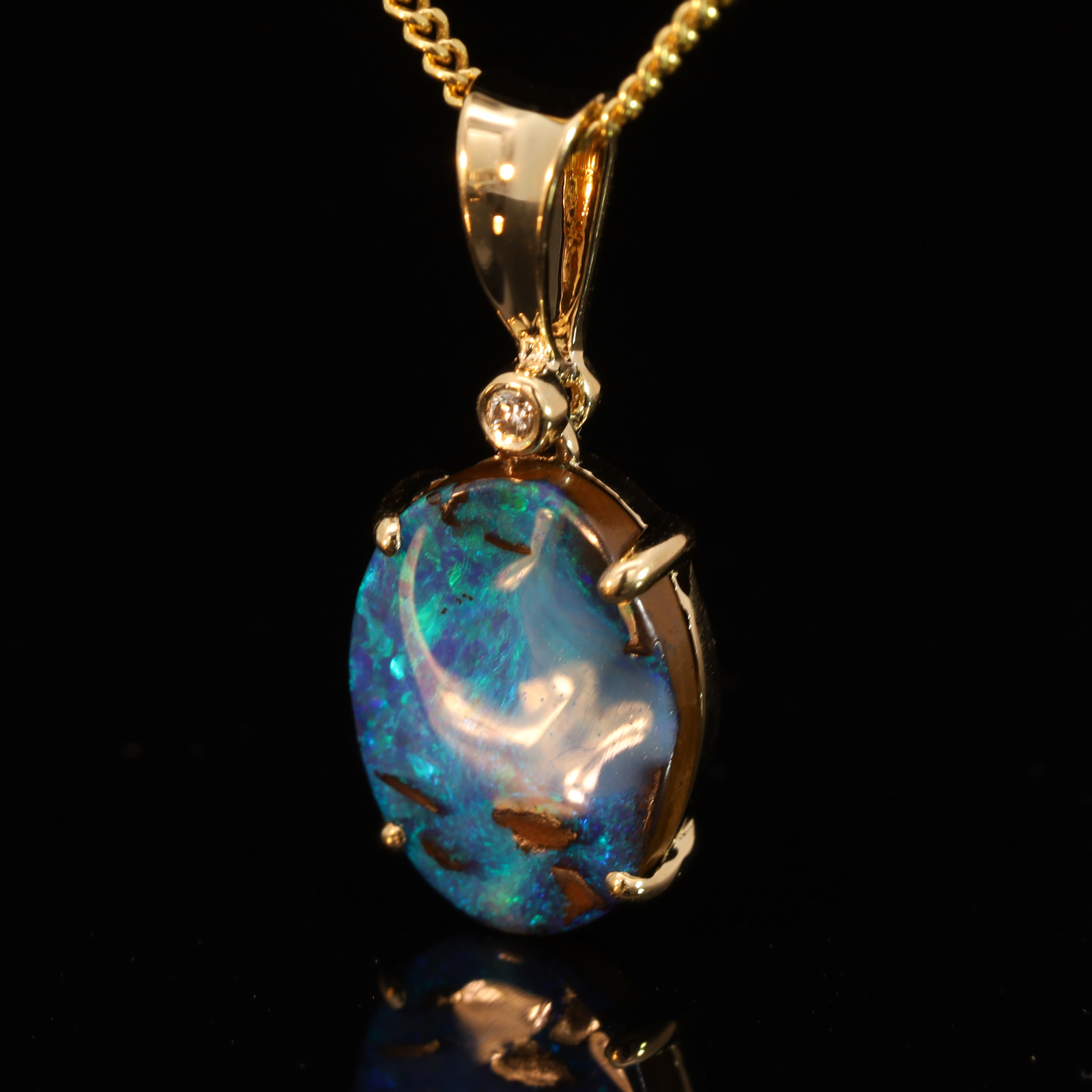Yellow Gold Blue Green Boulder Opal and Diamond Pendant