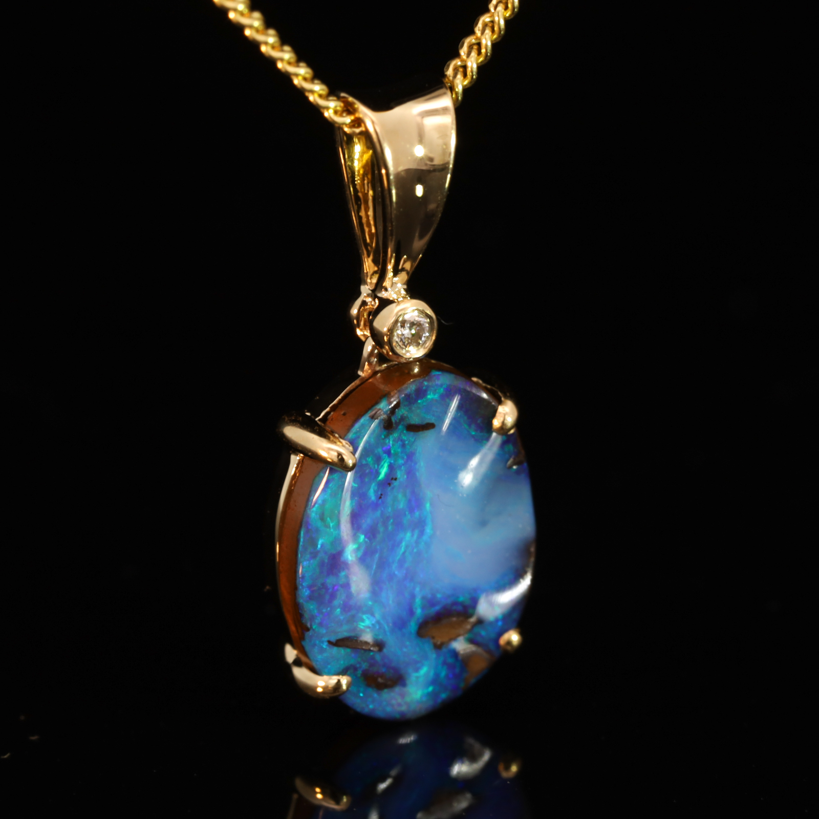 Yellow Gold Blue Green Boulder Opal and Diamond Pendant