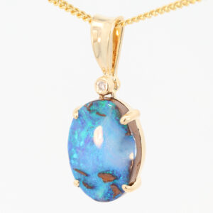 Yellow Gold Blue Green Boulder Opal and Diamond Pendant