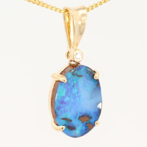 Yellow Gold Blue Green Boulder Opal and Diamond Pendant