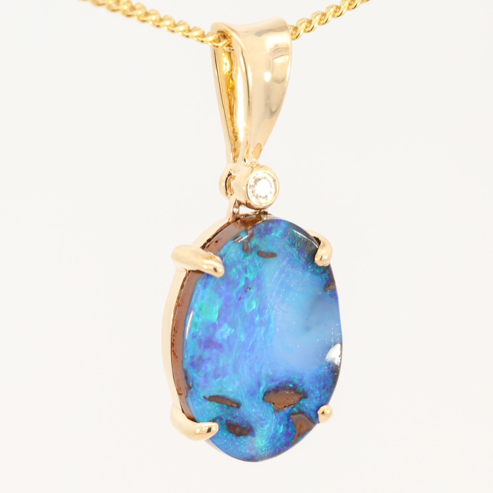 Yellow Gold Blue Green Boulder Opal and Diamond Pendant