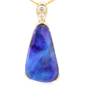 Yellow Gold Blue Green Purple Boulder Opal and Diamond Pendant