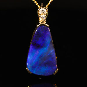 Yellow Gold Blue Green Purple Boulder Opal and Diamond Pendant