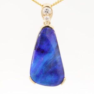 Yellow Gold Blue Green Purple Boulder Opal and Diamond Pendant