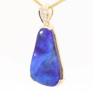 Yellow Gold Blue Green Purple Boulder Opal and Diamond Pendant
