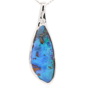 White Gold Blue Green Boulder Opal and Diamond Pendant