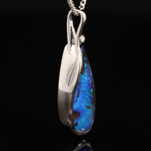 White Gold Blue Green Boulder Opal and Diamond Pendant
