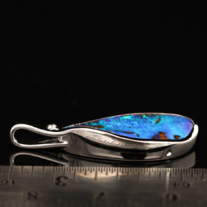 White Gold Blue Green Boulder Opal and Diamond Pendant